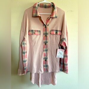 New‎ Pink Waffle Knit Long Sleeve w/ Pink Flannel Detail size Large